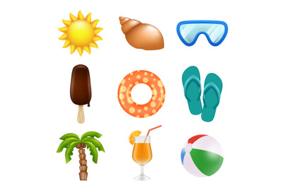 Summer realistic icons. Travel and summer holidays symbols