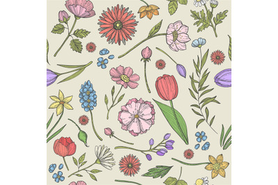 Flowers and plants pattern. Seamless background with pictures of vario