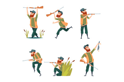 Characters of hunters. Vector cartoon illustrations of various hunter