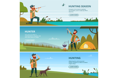 Hunters on hunt banners. Cartoon illustrations of hunting