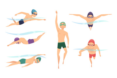 Vector swimmers. Various characters swimmers in action poses