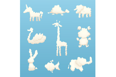 Animals from clouds. Various shapes of cartoon clouds