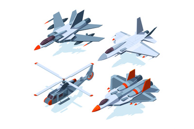 Military aircrafts isometric. 3D airplanes isolate on white