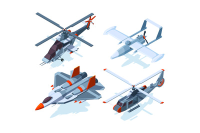 Aircraft isometric. Warplanes and helicopter isolate on white backgrou