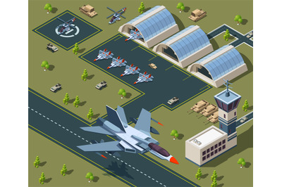 Military airport isometric. Low poly 3d of usa aircraft