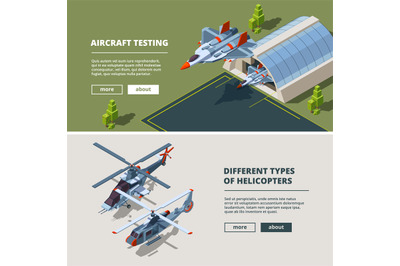 Banners with airplanes pictures. Military isometric aircrafts