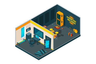 Recording studio interior. 3d isometric pictures of musical studio wit