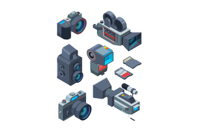 Isometric video and photo cameras. Vector pictures of various equipmen