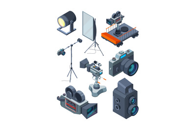 Photo video cameras. Various equipment of video or photo studio