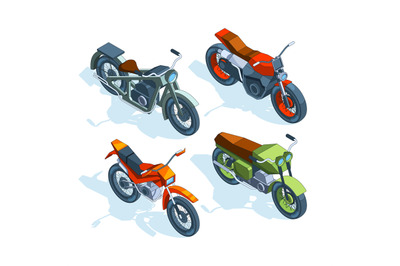 Sport bikes isometric. 3D pictures of various motorcycles