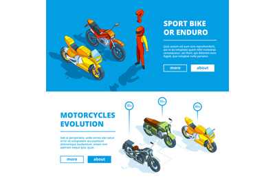 Motorcycles banners. Vector template design of horizontal banners for