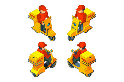 Pizza delivery man on bike. Vector isometric several views of pizza de