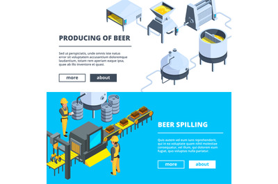 Brewery banners. Vector isometric illustrations of beer production