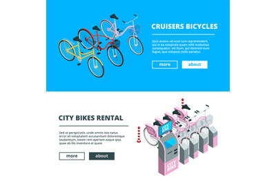 Banners with bikes. Pictures of 3D isometric bicycles