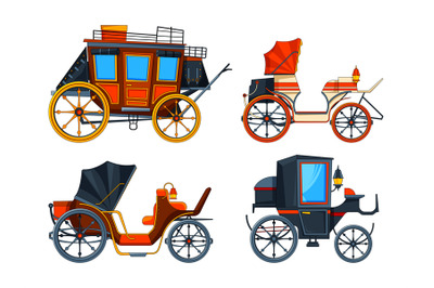 Carriage flat style. Illustrations set of various chariot