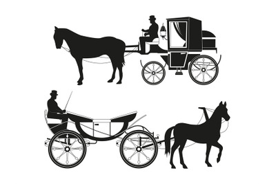 Vintage carriages with horses. Vector pictures of retro fairytale tran