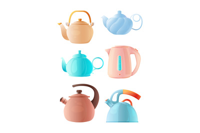 Cartoon kettles. Big set of various teapots