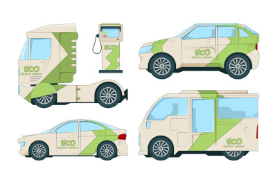 Eco electric automobiles. Cartoon ecological transport on white