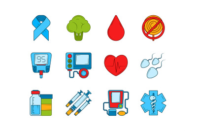 Diabetic medical symbols. Insulin&2C; syringe and other medical icons set