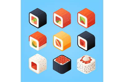 Sushi isometric. Various rolls sushi and other authentic asian food