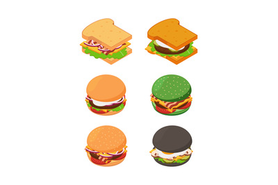 Isometric burgers and sandwich. Fast food pictures set