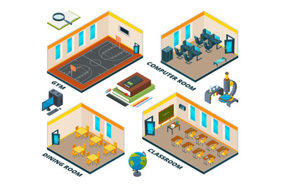 Isometric school interior. Building with various classes of institute