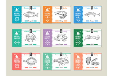 Seafood labels. Design template with hand drawn illustrations of fish