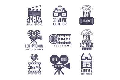 Cinema labels set. Badges with black pictures at cinema and video prod