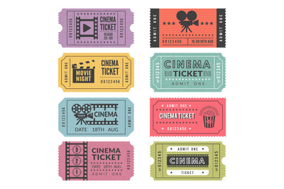 Template of cinema tickets. Vector designs of various cinema tickets w