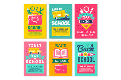 Cards with schools symbols. Back to school cards template isolate