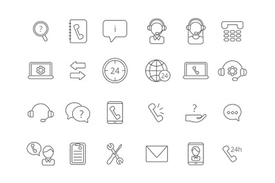 Call center support icons. Vector linear symbols isolate on white