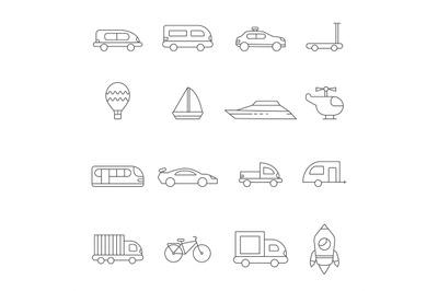 Transport symbols linear. Illustrations of various transport