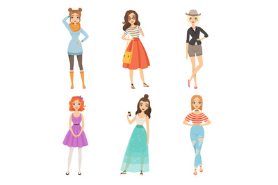 Fashionable girls. Cartoon female characters in various fashion poses