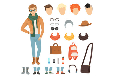 Clothing of fashionable guy. Cartoon male character with various fashi