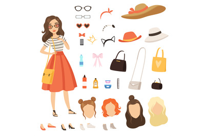 Clothing of fashionable girl. Cartoon female character with various fa