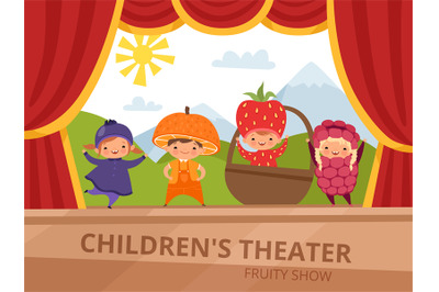 Children on stage. Kids in fruit costumes perform at school party