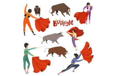 Bullfighting corrida. Vector illustration of matador and bull in vario