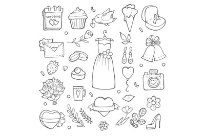 Wedding day icons. Various pictures of brides and wedding tools