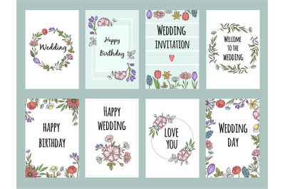 Botanic cards with plants. Vector design template of different cards w