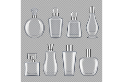 Perfumes bottles. Realistic pictures of glass bottles