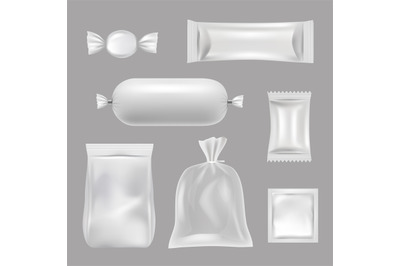 Plastic bags. Polyethylene food packages. Vector realistic pictures