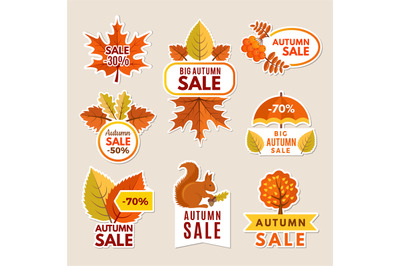 Autumn labels at sales. Banners with leaves vector pictures. Design of