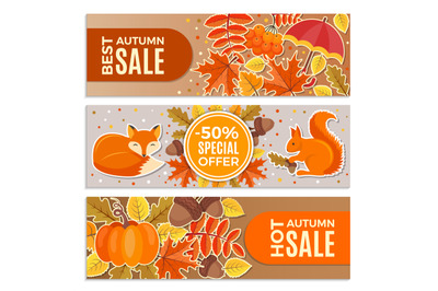 Banners of autumn sales. Autumn leaves&2C; squirrel&2C; fox and acorns vecto