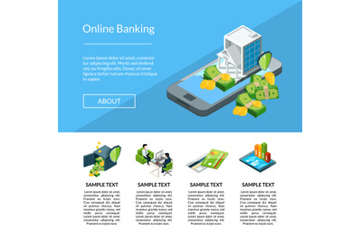 Vector isometric money flow in bank icons landing page template illust