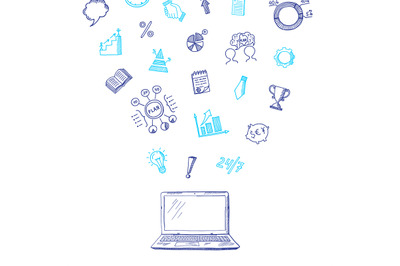 Vector business doodle icons flying out of laptop concept illustration