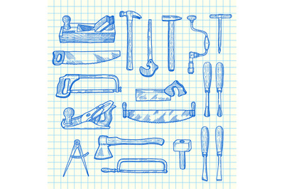 Vector hand drawn carpentry elements set on blue cell sheet background