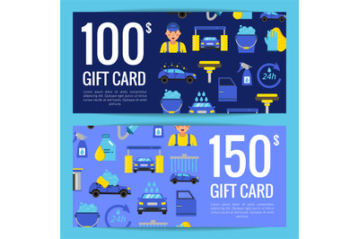 Vector discount or gift card voucher templates with car wash flat icon