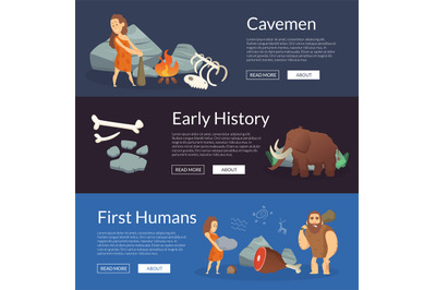 Vector stone age cartoon cavemen banners illustration