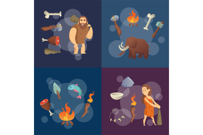 Stone Age elements. Vector cartoon cavemen illustration