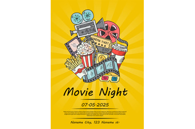 Vector cinema doodle icons poster for movie night or festival on sunra